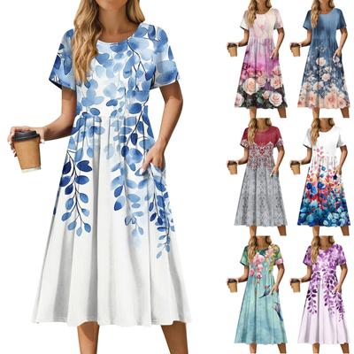 Damen Casual Niedliches Muster Druck Rundhals Midikleid Basic Klassisch Outdoor Alltag Kurzarm Lockeres Kleid