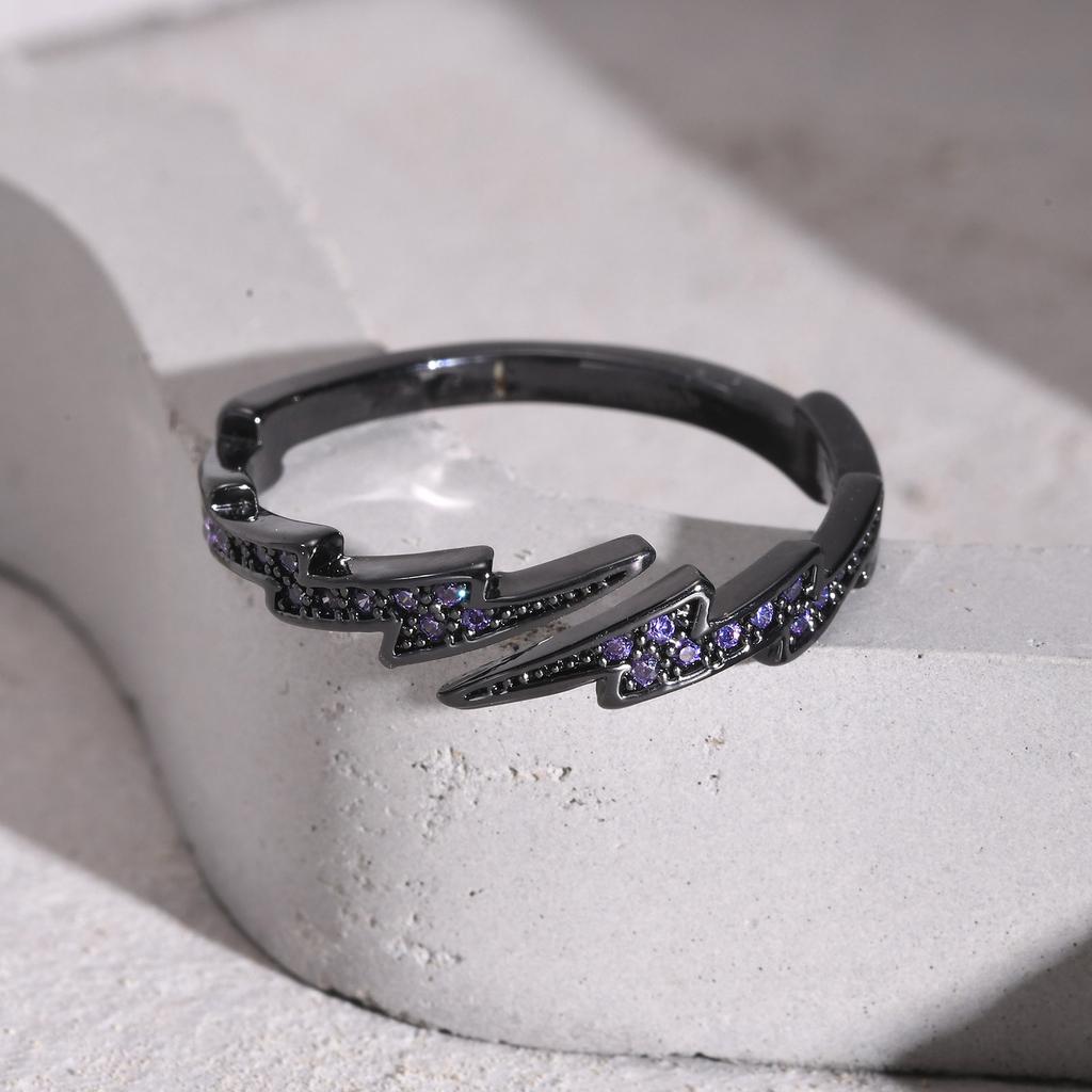 Vnox Gothic Black Lightning Open Ring for Men Women,Stylish Purple Cubic Zircon Stones Finger Band, Adjustable Fashion Jewelry