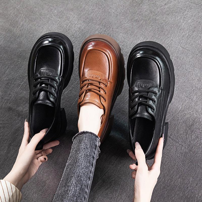 The First Layer of Cowhide Loafers Women's Autumn 2025 New Leather Muffin Thick-soled Retro Lace-up Women's Single Shoes
