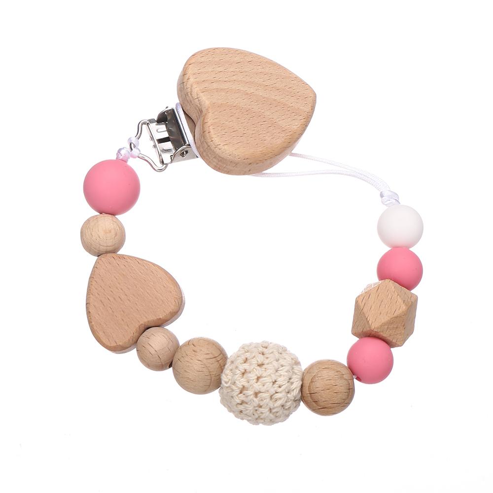New Beech Wooden Baby Pacifier Chain Clip Heart Beads Silicone Beads Dummy Nipple Holder  for Newborn Teether Pendant Toys Gift