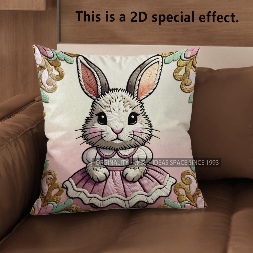 2D Cute Bunny-Patterned Decorative Pillow Covers Pattern Cushion Cover Suitable For Sofa Bedroom Car Pillow Cover