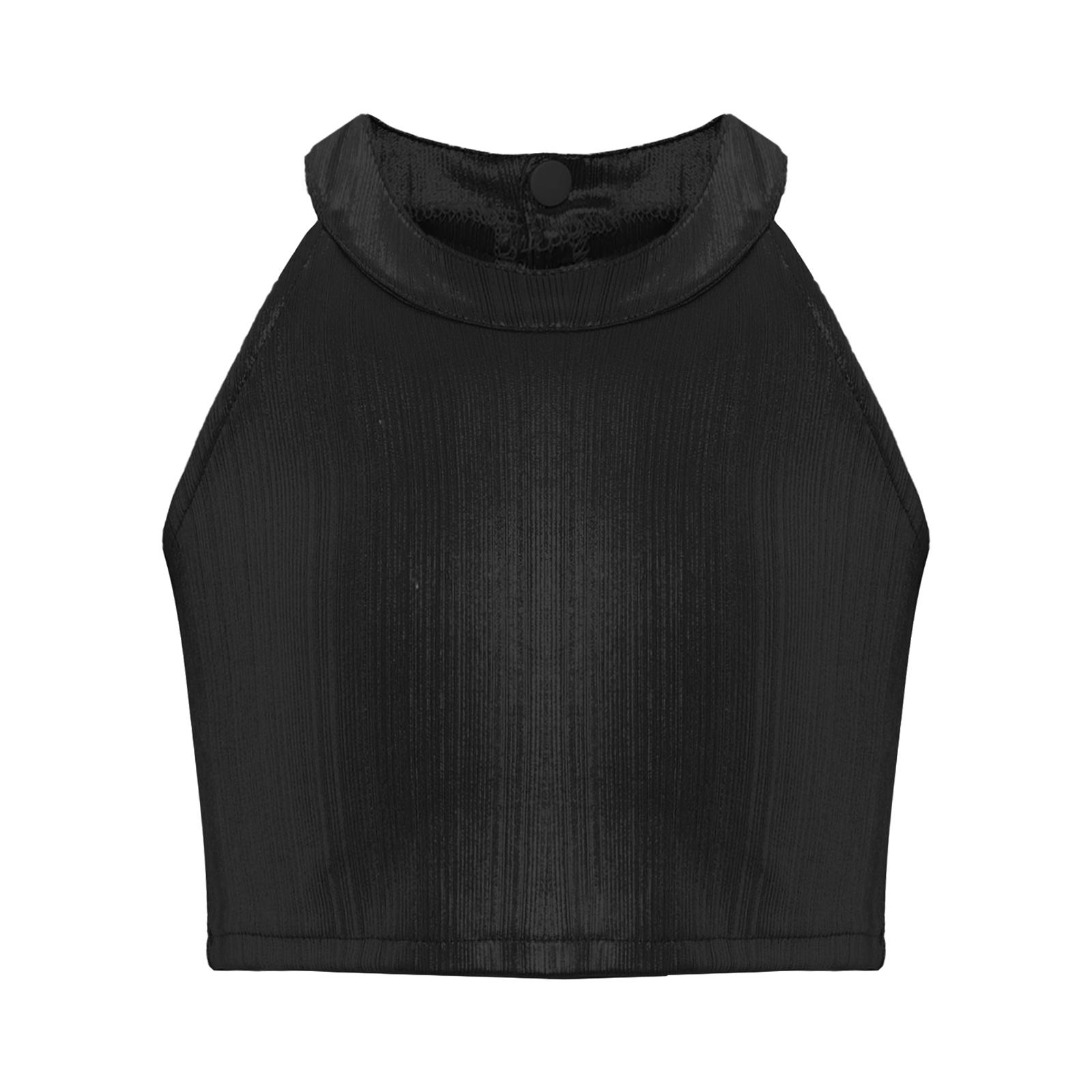 

Блестящий укороченный топ без рукавов для девочек с металлическим блеском для хип-хоп джазового танца сценический костюм 6-10 Years чёрный