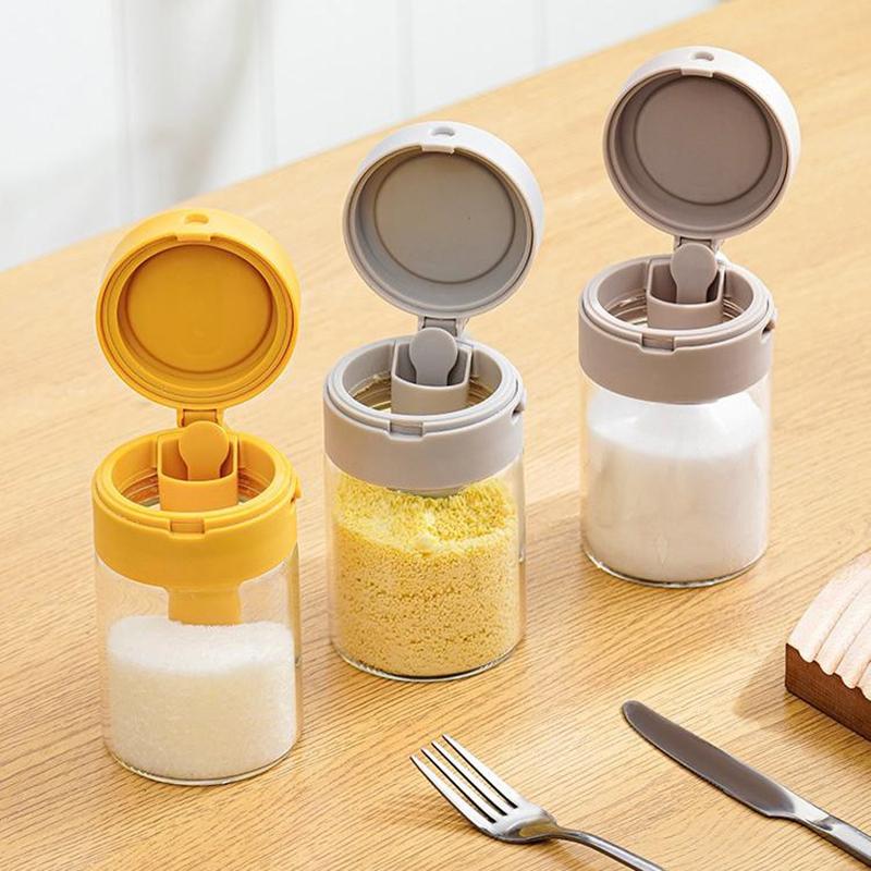 Japanese Style 2-in-1 Condiment Jar Spice Container with Spoon Airtight Kitchen Canister for Salt, Spices & Sugar