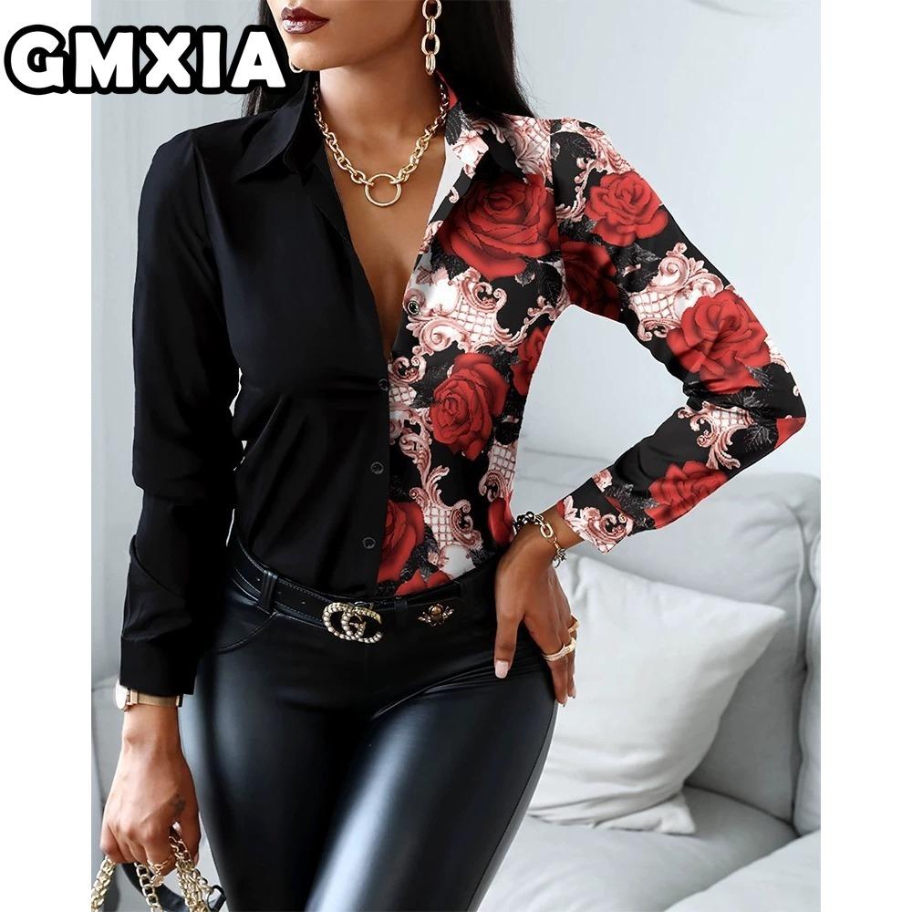 GMXIA Damenmode Lässig Freizeit Einfarbig Druck Langarm POLO Kragen Blusen & Hemden