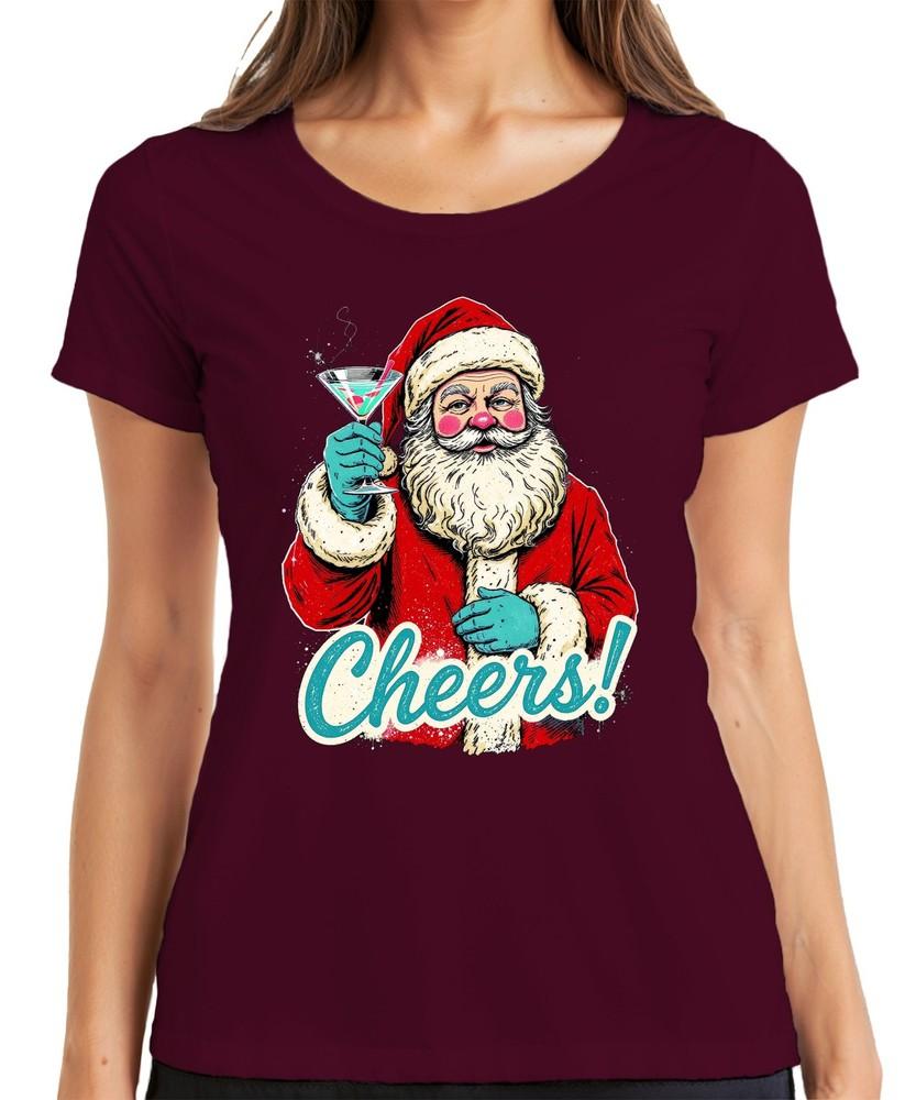 Santa Cheers Cocktail Martini Christmas Party Vintage Ladies TShirt