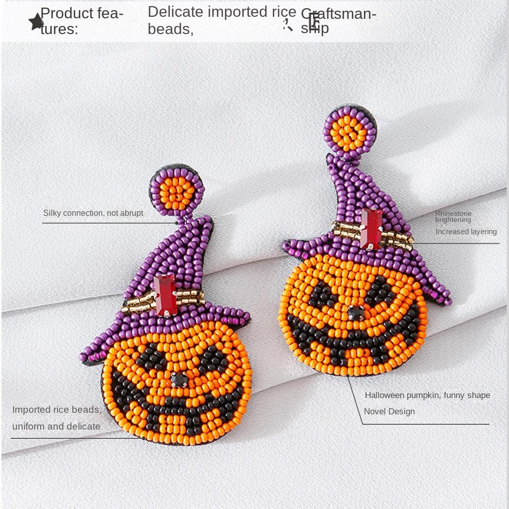 Black Cat Halloween Rice Bead Earrings Witch Cat Pumpkin Dangle Earrings  Party