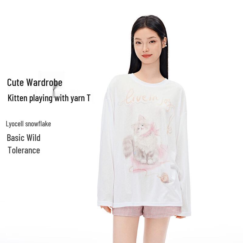 Ledin Loose Fit Cat Print Lyocell Long Sleeve T-shirt M