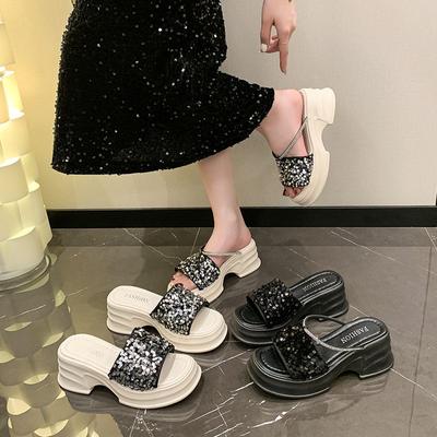 Ciabatte da donna alla moda e sandali da donna in gomma nera con cristalli e pietre preziose, scarpe con tacco e gioielli esterni, nuova moda 39 Vip in PVC