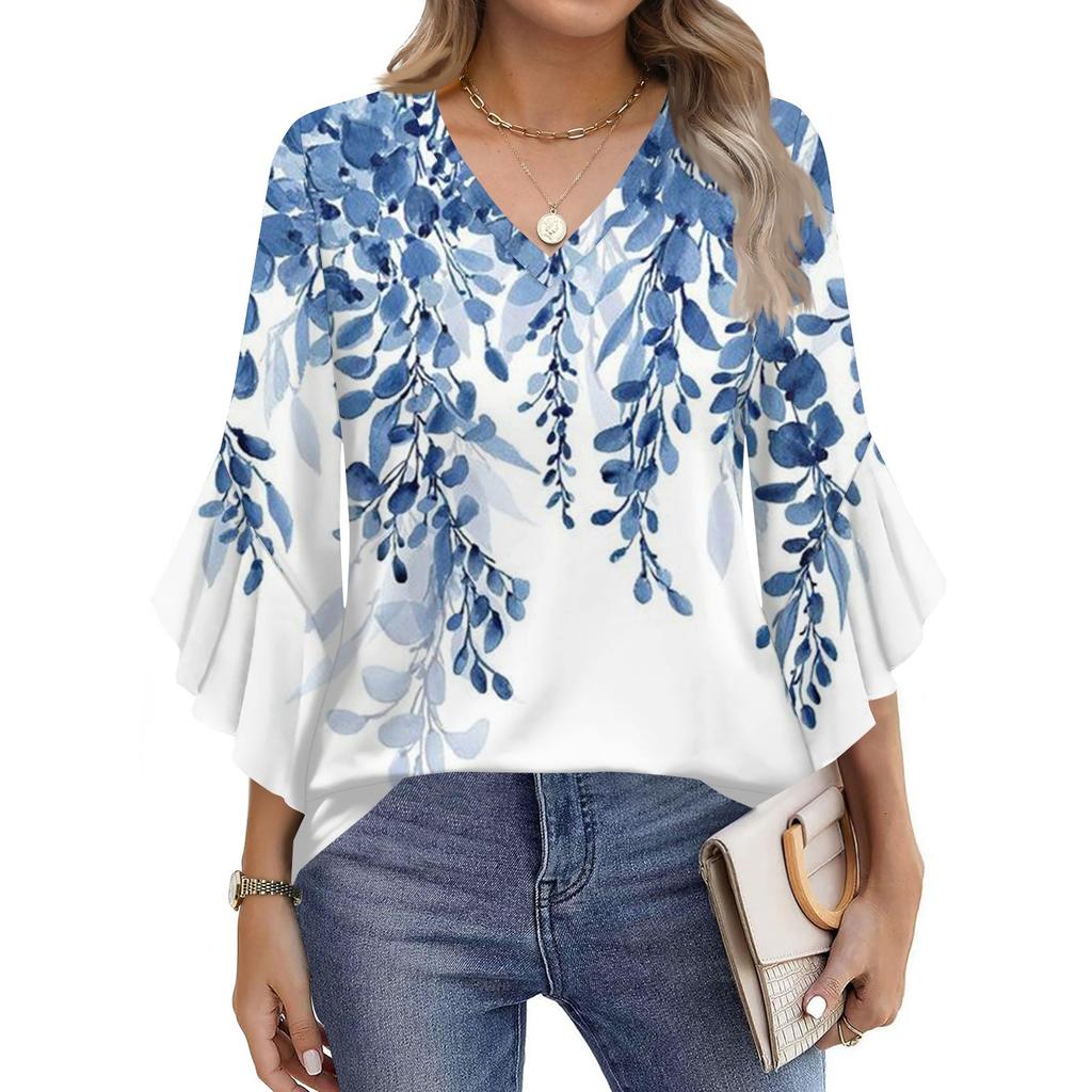 Women's Fashion Casual Seven-minute Sleeve Vintage Floral Print Top V-neck T-shirt Flared Sleeve Shirt
