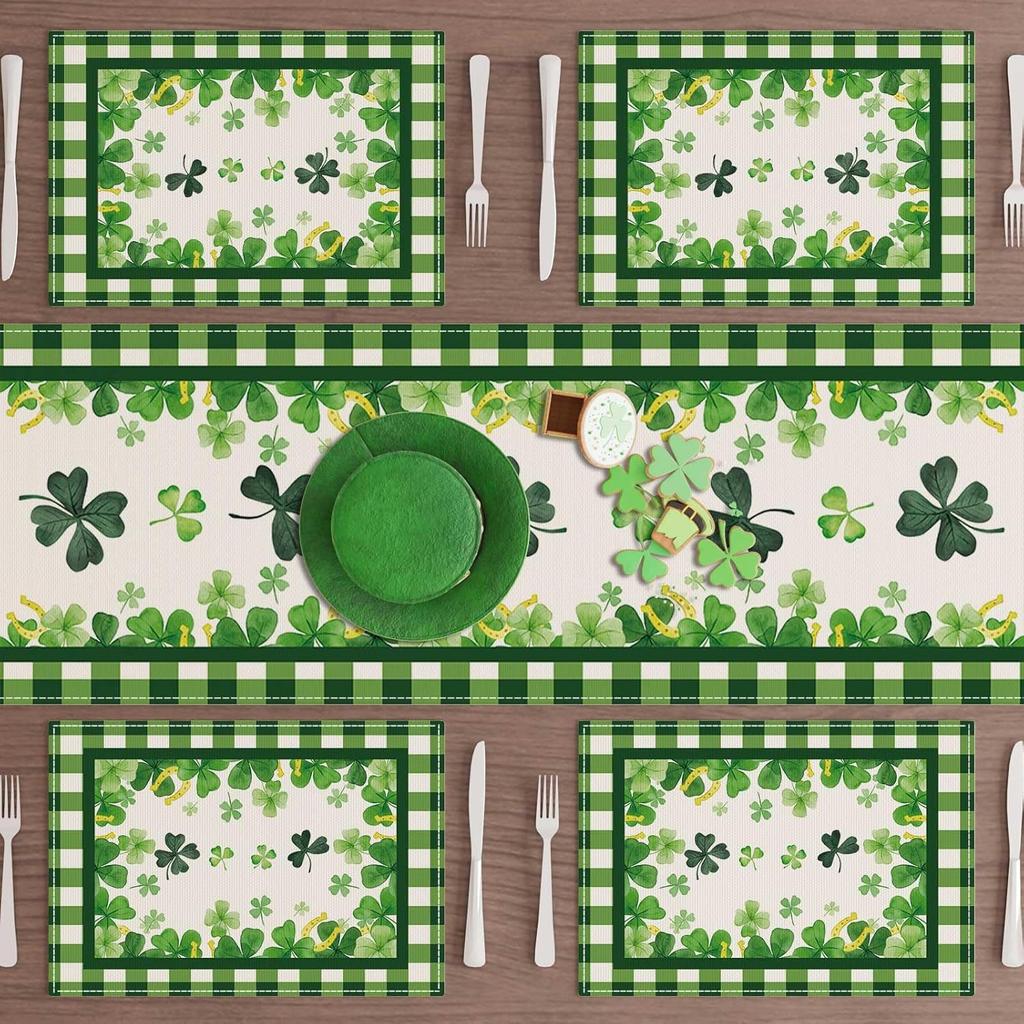 4/6pcs Green Plaid Four-Leaf Clovers Shamrocks Horseshoes St. Patrick's Day Placemats for Party Home Kitchen Dining Table Decora