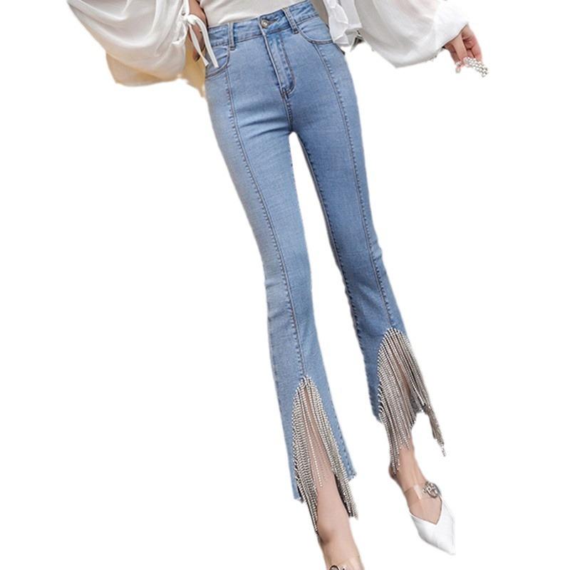 Rhinestone Tassel Jeans for Women In Summer Cotton Tight and Fashionable Design Small High-waisted Nine-point Pants
