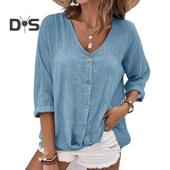 

Осенняя рубашка с v-образным вырезом и рукавами 3/4, топы и пуговицы, однотонная свободная тонкая дышащая женская рубашка, уличная одежда XL небесно-голубой