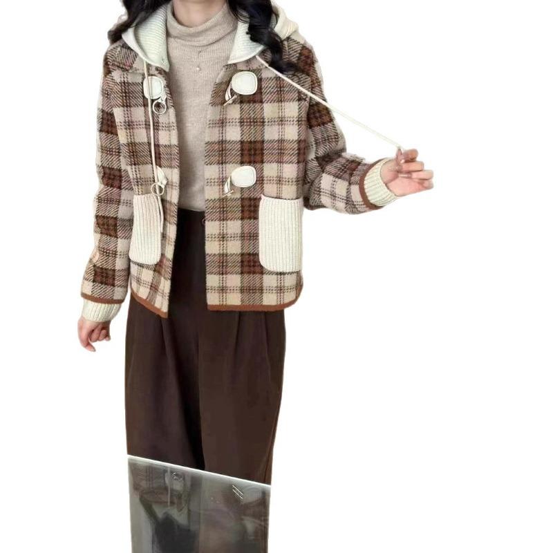 Removable Hat Plaid Woolen Jacket Women's Short Autumn and Winter Loose New Woolen Coat Plaid Thickened Sweater