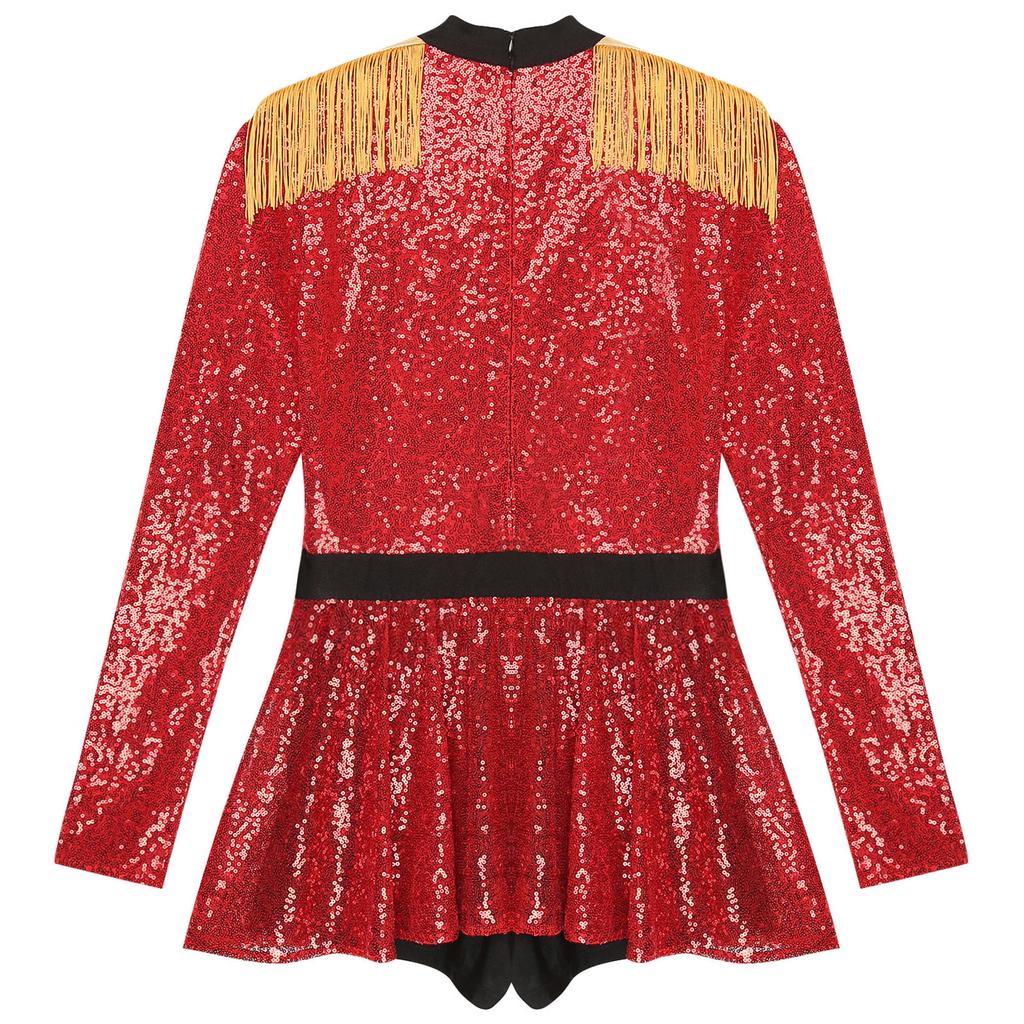 Women Circus Ringmaster Cosplay Costume Shiny Sequins Long Sleeve Fringed Shoulder Leotard Dress Halloween Jumpsuit Costume