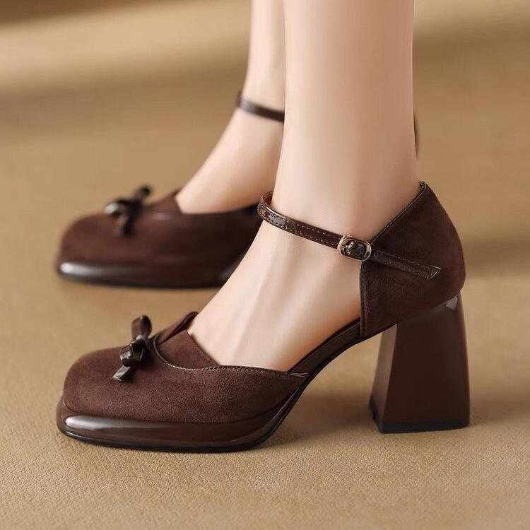 Fashion 2025 New Women's Mary Jane Sandals with Thick Heel and Bow Knot Design Summer Open Back Silver French Style Velvet Upper Shoes