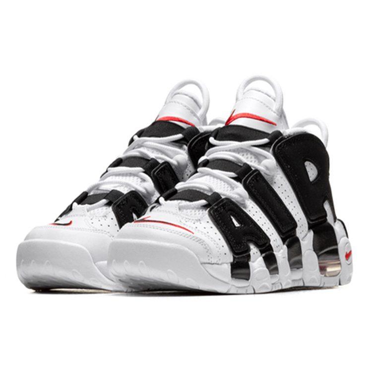 Nike Zapatillas de Baloncesto Air More Uptempo de Cuero Resistente a la Abrasión de Caña Media Blancas Negras Unisex 415082-105
