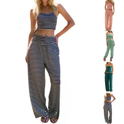 Women's Fashion Casual Summer Striped Tube Top Loose Straight Pants Set