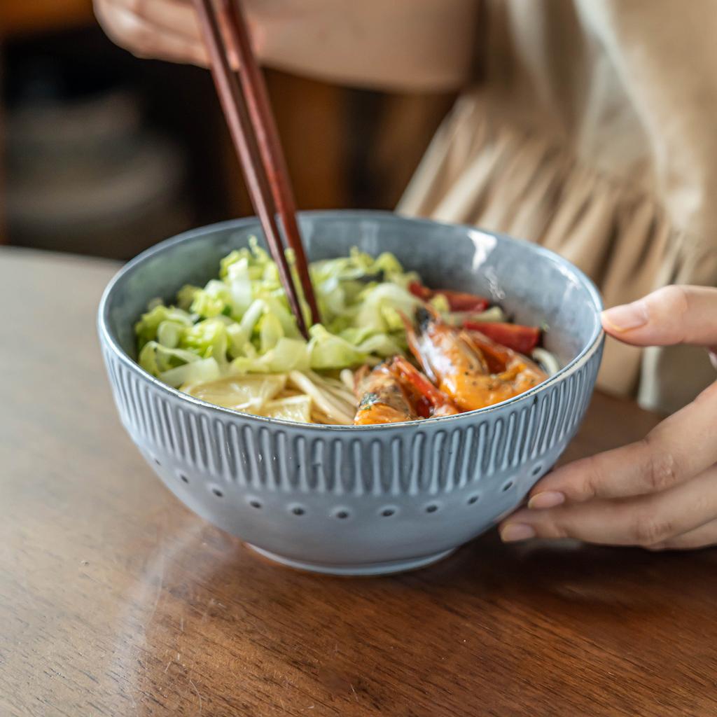 Retro Vertical Pattern Ceramic Bowl Household Dish Bowl Restaurant Noodle Bowl Salad Bowl Characteristic Ice Crack Glaze Tableware Round Bowl