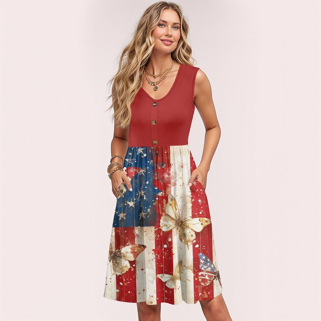 Damen Sommerkleider Ärmellos Lässig Locker Schwingend Knopfleiste Midi Sonnenkleid mit Taschen