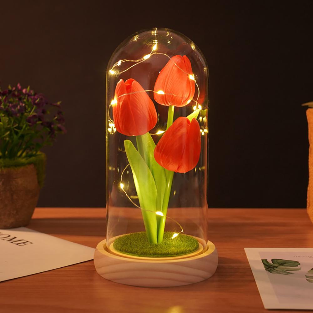 Tulip Gift For Girlfriend PU Simulation Tulip Night Light Gift With Glass Cover Decoration Creative Valentine's Day Gift Festive