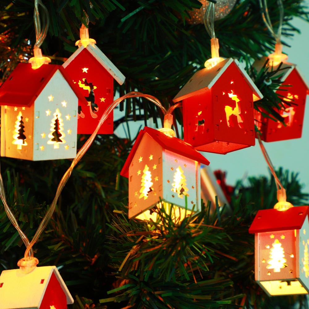 Christmas Wooden House LED String Light Xmas Tree Hanging Ornament 2025 Christmas Decoration For Home Kids New Year Gift Navidad