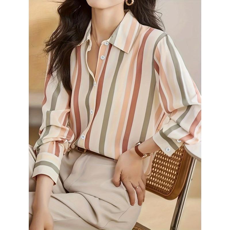 Spring New Women's Niche Retro Lapel Long-sleeved Contrasting Color Temperament Striped Shirt