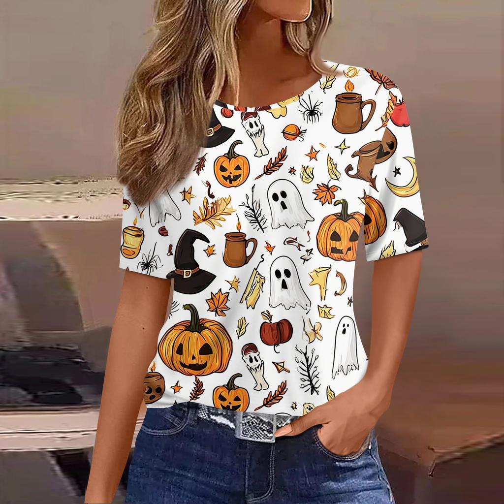 Women's Casual Short Sleeve Pullover Top Halloween Pumpkin Bat Print Round Neck Fashionable Relaxed Fit Shirt for Everyday Wear