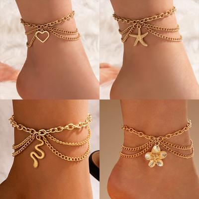 Accessories, Gold Heart-shaped Chain Foot Ornaments, Fringed Snake Pendant, Three-layer Anklet Women's Wholesale
