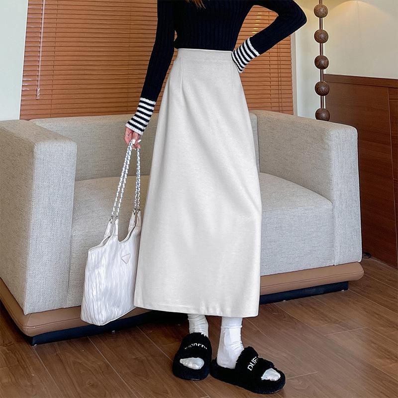

Women s Wool Bodycon Skirt: High-Waist, Slimming, Mid-Length with Slit - Plus Size, Versatile Autumn/Winter Fashion. M бежевий