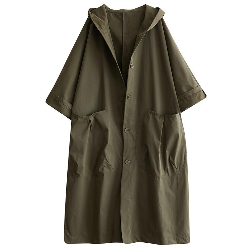New Literary Loose Large Size Knee Long Big Pocket Trench Coat Women's Hooded Casual Versatile