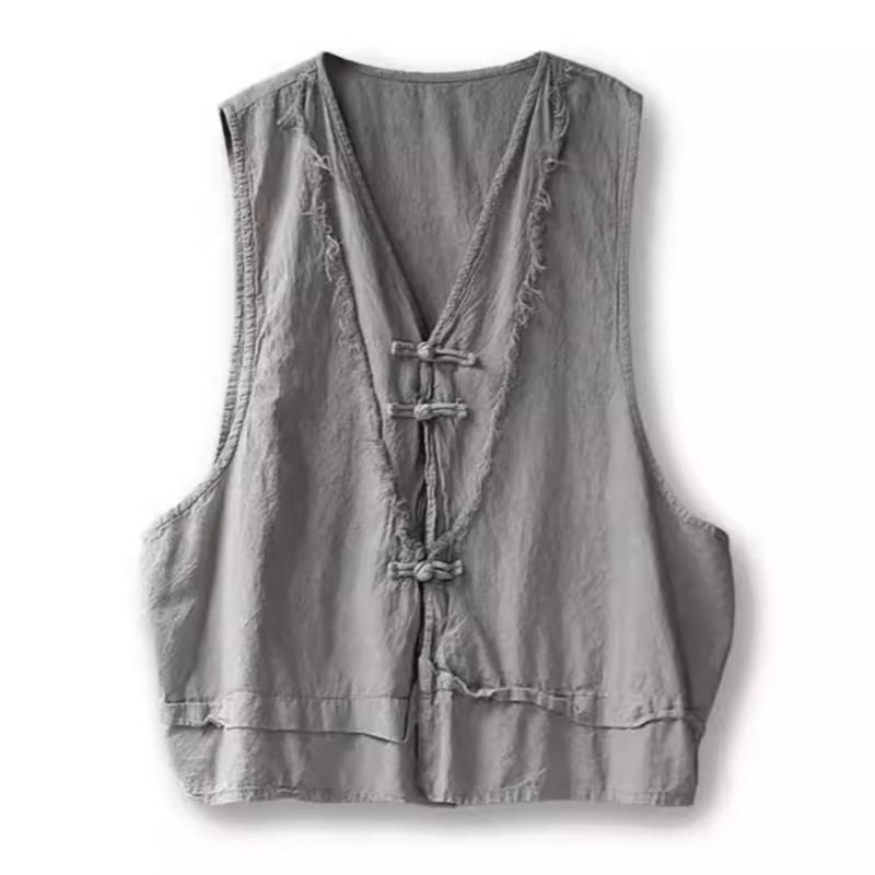 Johnature Dame Tanktopper i kinesisk stil Ensfarget Knapp Vår Vintage Dame Løse Vester
