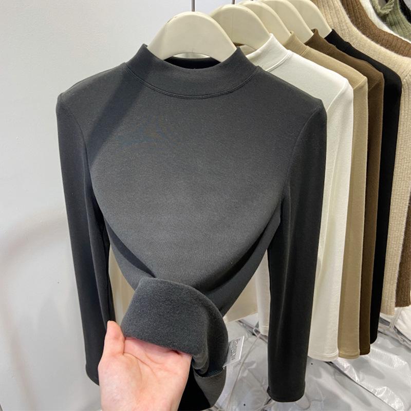 Women's Slim Fit Fleece-Lined Stand Collar Shirt, Brushed Thin Fleece, Long-Sleeve T-Shirt, Autumn/Winter 2025