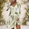 Women Criss Cross V Neck Long Sleeve Tropical Leaf Printed Fitted Curved Hem Dress
