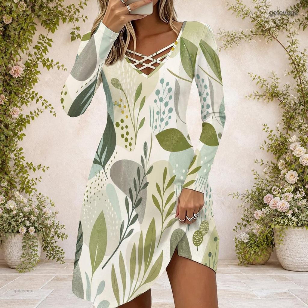 Women Criss Cross V Neck Long Sleeve Tropical Leaf Printed Fitted Curved Hem Dress