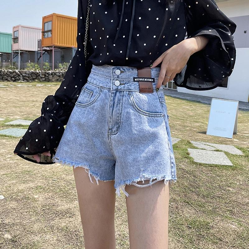 

Wowen Pants Classic and Minimalist Fashion Versatile Ultra-high Waist Labeling Female Broken Hole Loose Wide Leg Thin Ragged Sub Summer Denim Shorts M светло-синий