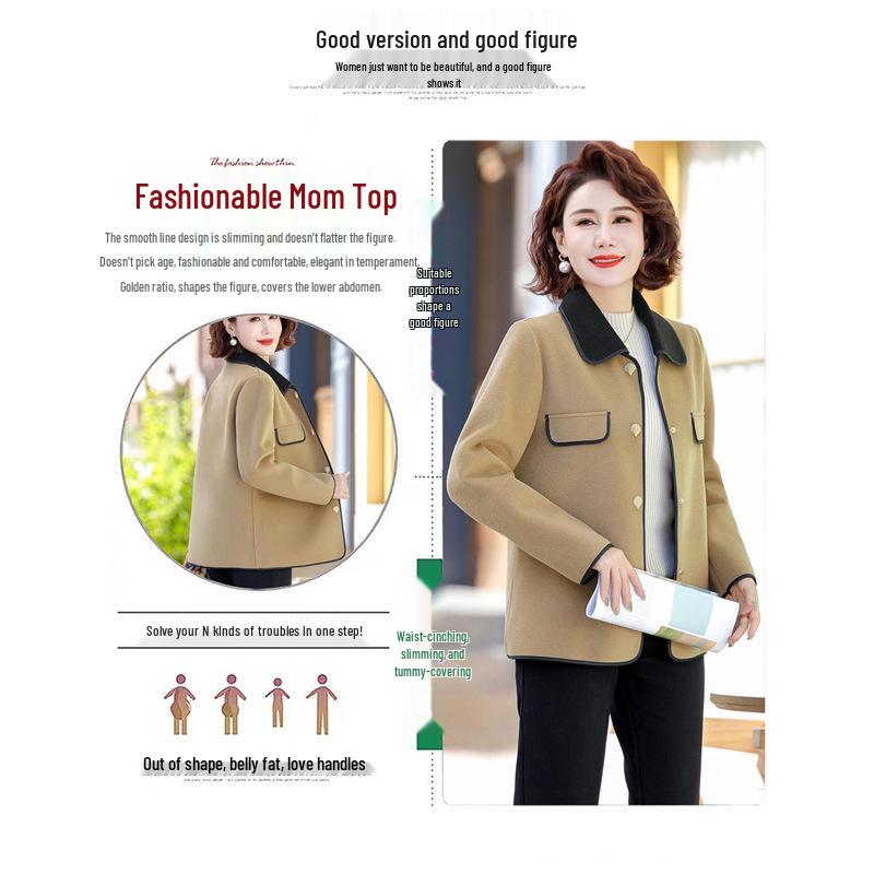 Double-Sided Wool Coat for Petite Middle-Aged Women - Spring & Autumn Style