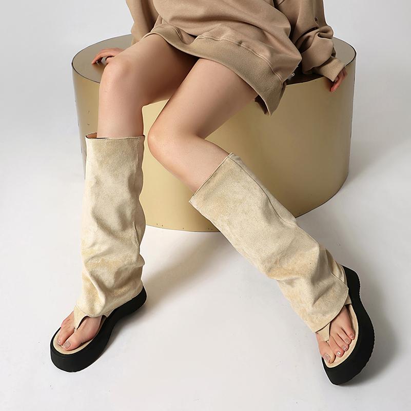 Plus Size Frosted Suede Material Flat Bottom Clip Toe Cover For Women's Summer Midsole Boots Breathable Lining Peep Toe Boots