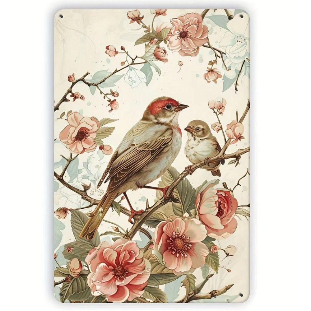 Vintage Metal Tin Sign Bird Feeding Chicks on Flowers Florist Decor For Living Room 20x30cm