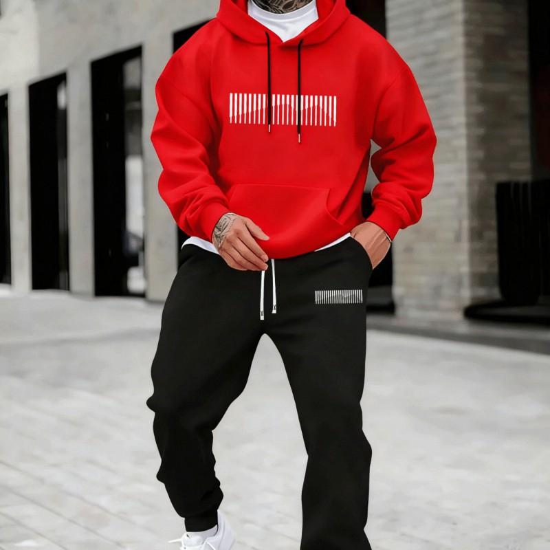 Mens Casual Hooded Tracksuit Set Fleece Lined Loose Fit Printed Streetwear Teens Young Adults