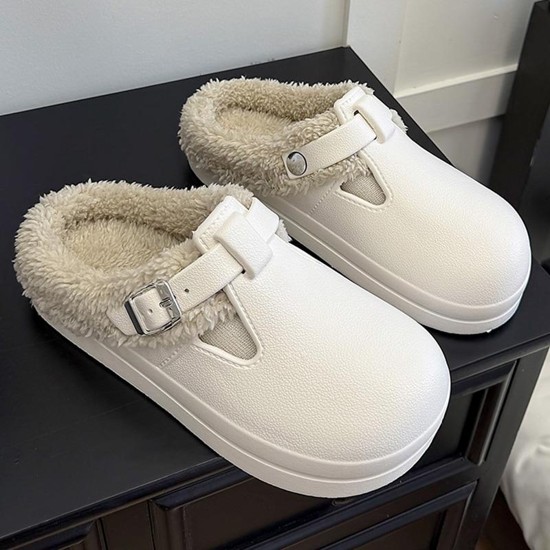 Fashion Autumn Winter Fur Clog Slippers Women 2025 Lightweight Non Slip Indoor Cotton Slippers Woman Buckle Decor Soft Sole Birken Shoes