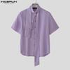 INCERUN Oversized Men Tie Up Short Sleeve Buttons Casual Loose Summer Shirts