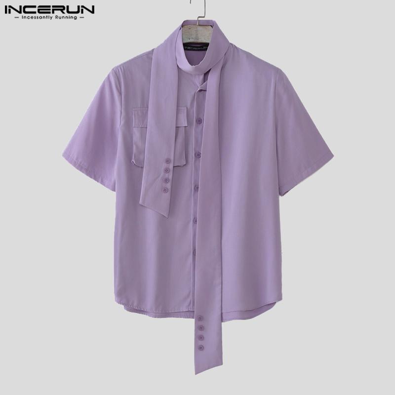 INCERUN Oversized Men Tie Up Short Sleeve Buttons Casual Loose Summer Shirts