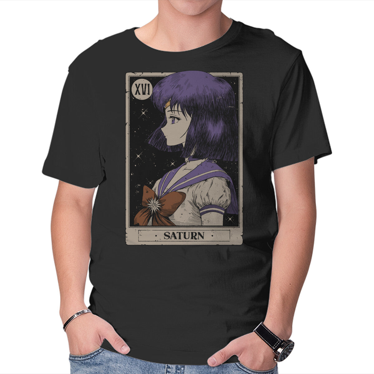 Unisex Crew Neck T-Shirt Saturn Tarot Card Graphic Short Sleeve Casual Tee L