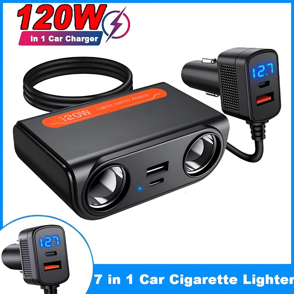Adaptador Cargador de Coche 7 EN 1 120W PD USB Toma Encendedor Divisor Carga Rápida Con Voltímetro LED Salida CC Accesorios para Automóvil