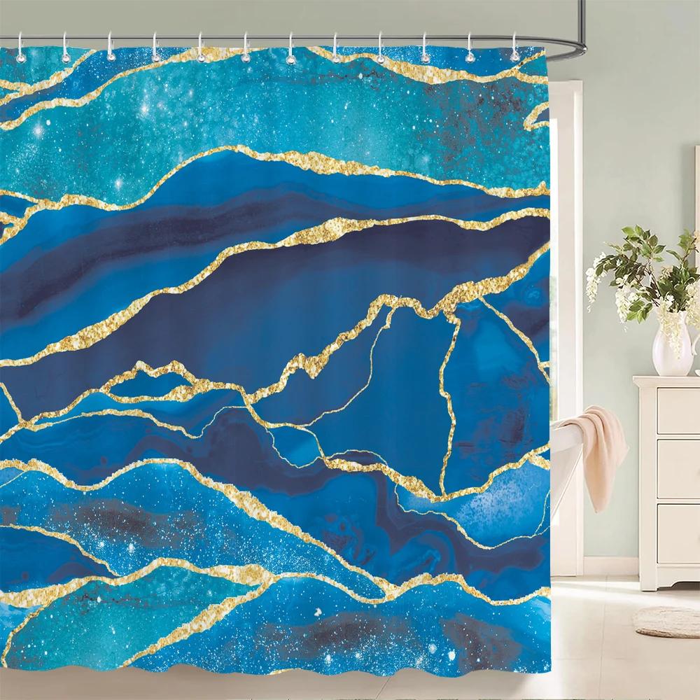Blue Gold Marble Ink Texture Shower Curtain Abstract Modern Shower Curtain for Bathroom Decor with Hooks 3D Bathroom Screen