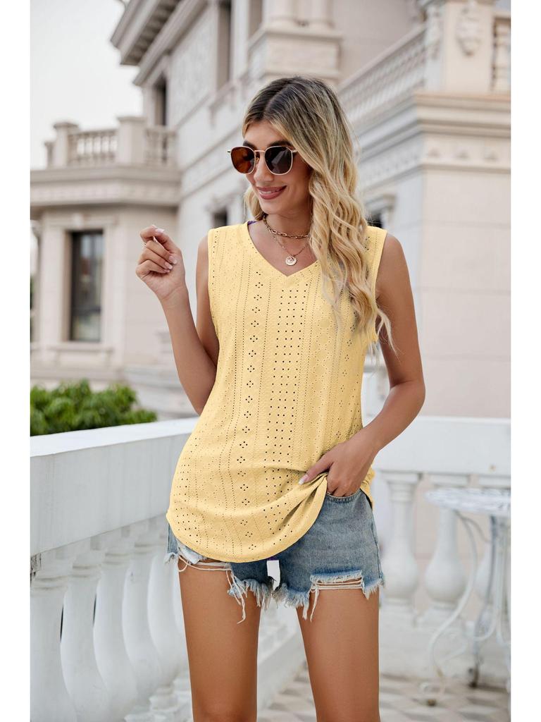 2024 European & American Women's V-Neck Hollow Out Sleeveless Casual Vest Top