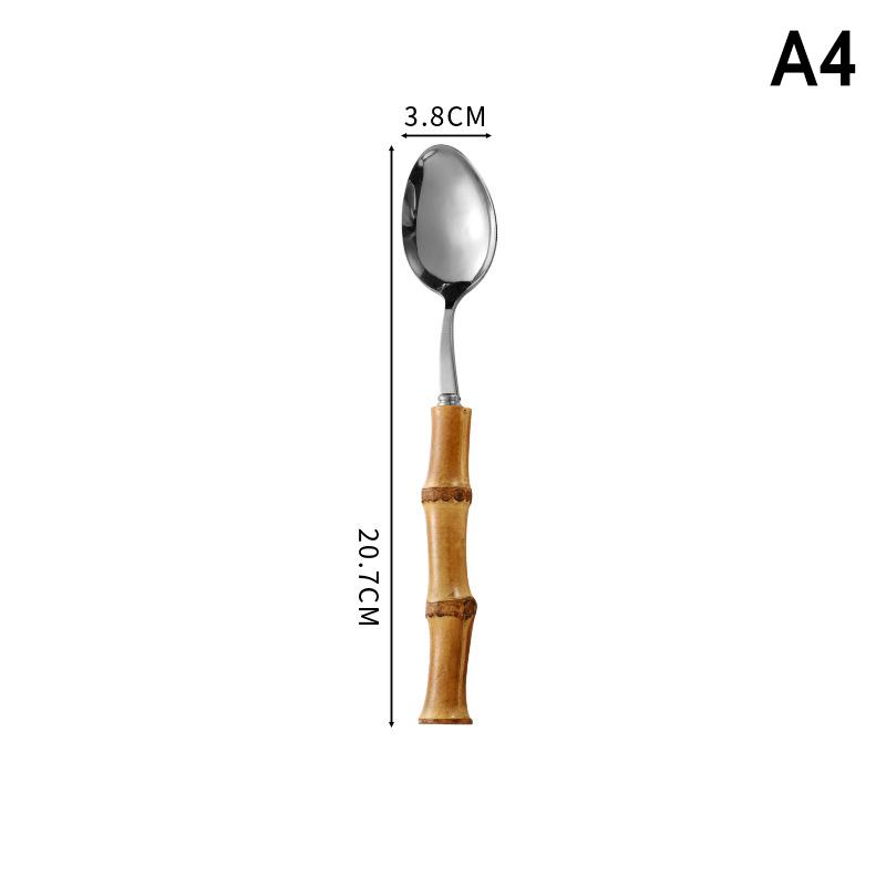 Long Handle Serving Spoon Fork Stainless Steel Gold Silver Bamboo Wooden Salad Spork Dessert Salad Spoon Tableware Set Kitchen