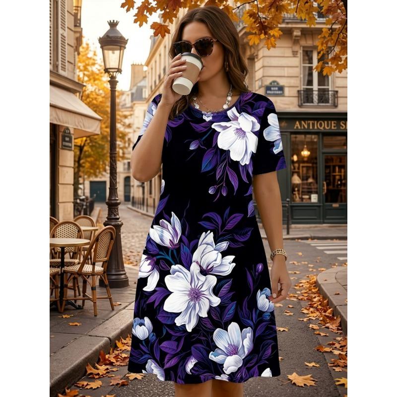 Plus Size - Plus Size - Women'S Plus Size Floral Print Short Sleeve Dress