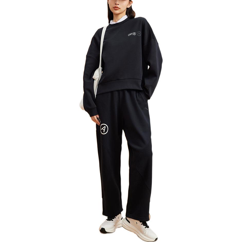 Anta Logo Print Pattern Elastic Waist Straight Leg Sports Pants Women pants Black 162237320-2