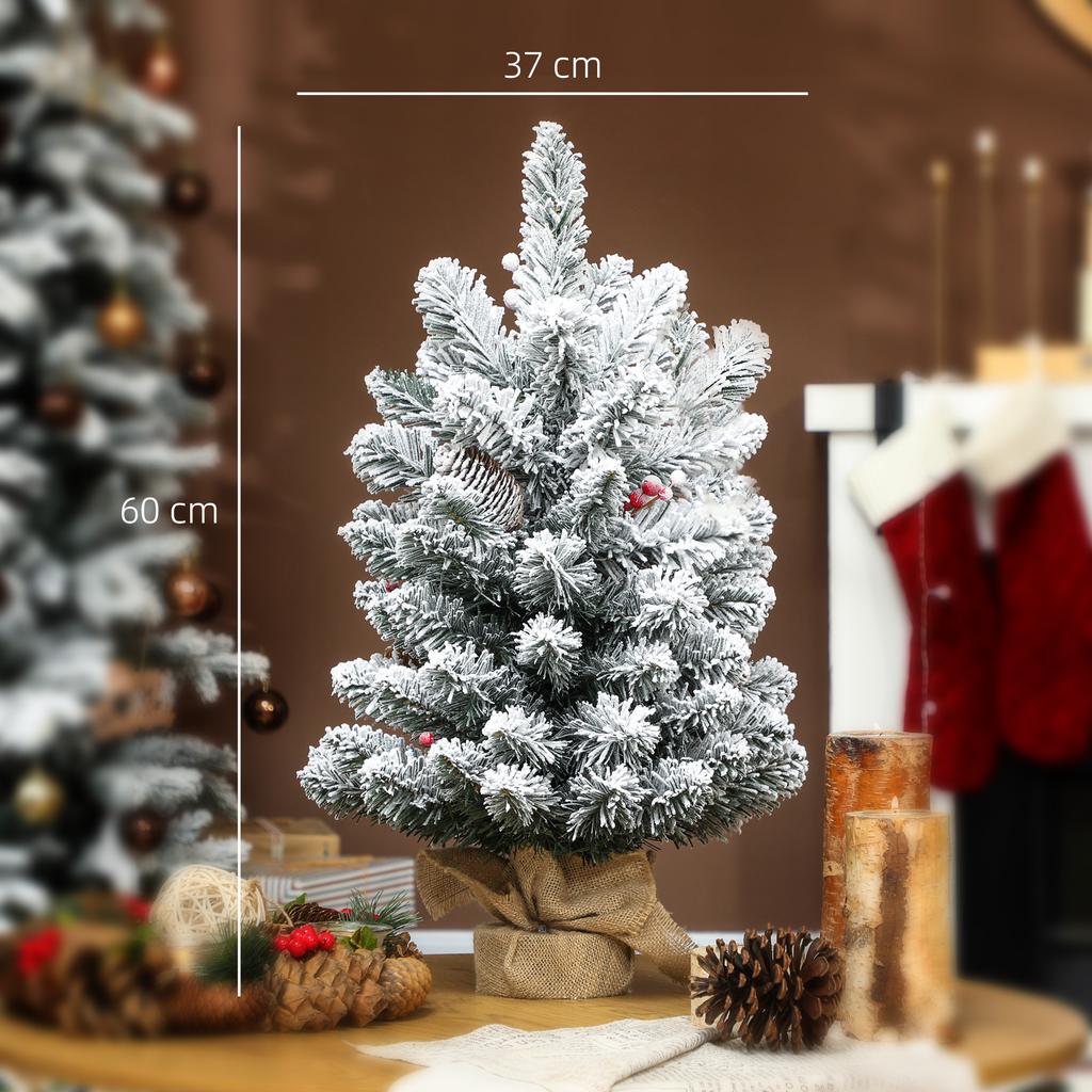 Small Christmas Tree 60 cm Tall with 72 Snow-Covered Branches, Pine Cones and Red Berries, Green